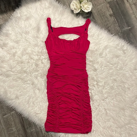 BEBE Pink Ruched Bodycon Dress- Size Large (Juniors) - Picture 1 of 8